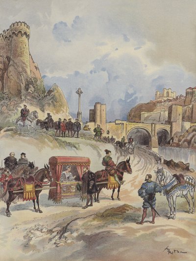 Kardeşini ziyaret edecek olan Fransız Marguerite, V. Charles tarafından Pont de Toledo