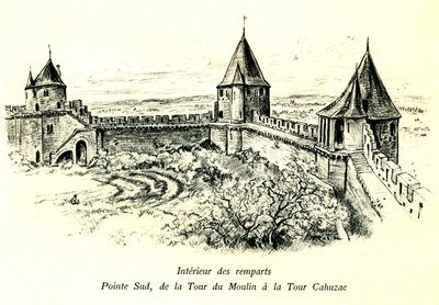 Orta Çağ Şehri Carcassonne (Aude, Languedoc, Cathar Country) - Surların içi, güney ucu, Moulin kulesinden Cahuzac kulesine kadar - açık hava tiyatrosunun yeri - Albert Robida#39;nın (1848-1926) romantik gravürü begi#39;de yayınlanan kitap by Albert Robida
