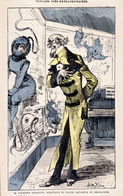 Büyük Melbourne akvaryumu müdürü Bay Valentin Croknuff, Jules Verne parodisi, Robida tarafından “” Saturnin Farandoul