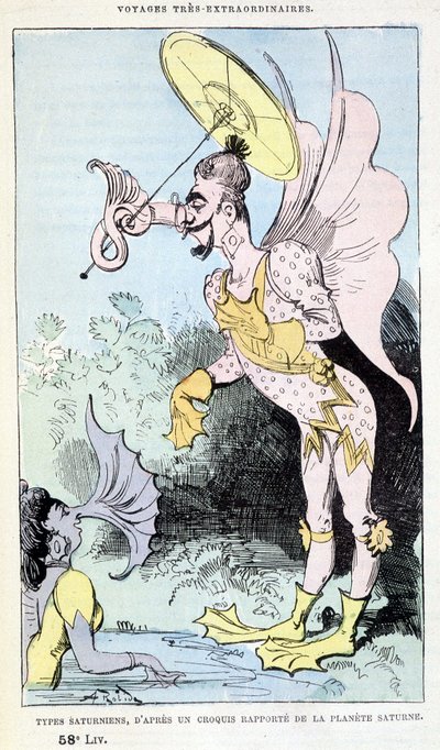 Satürn gezegeninin bildirilen bir taslağından Satürn tipleri (sözde-antropolojik grotesk canavarlar), Jules Verne