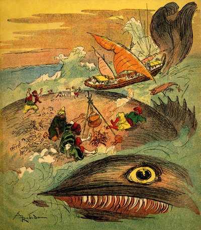 Denizci Sindbad (Sinbad) - bin bir gecenin hikayesi (1001) - maceralarını anlatan 1948 tarihli kitap (Fortin baskısı, Çocukluk koleksiyonunun Harika Görüntülemesi) - Albert Robida#39;nın çizimi (1848 - 1926): Sindbad ve arkadaşları arızalı by Albert Robida