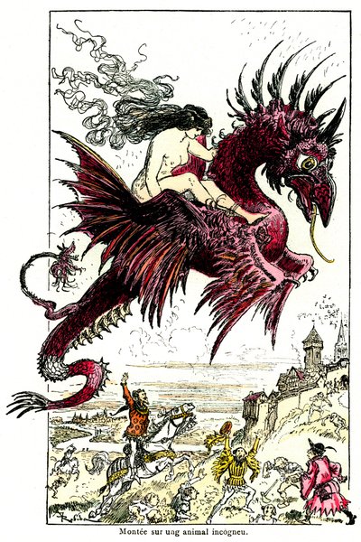 Succubus: ejderhaya binen dişi iblis (kadın - dişi) - Honore de Balzac#39;ın Drolatic Tales adlı eseri için Albert Robida#39;nın çizimi - 20. yüzyılın başı by Albert Robida