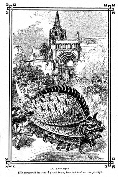 Tarascon#39;un Tarasque#39;ı, Provence folklorunun muhteşem canavarı: Albert Robida#39;nın A Mironneau, Librairie Armand Colin 1911#39;in “Okuma Seçimi” okul kitabının illüstrasyonu - by Albert Robida