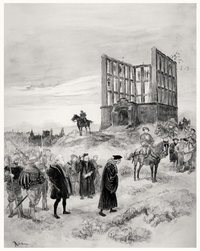 Müfettiş Jacques de Semblancay (c.1445-1527), Montfaucon Gibbet'e çıkarken ölüme mahkûm edildi, 1909 (kağıt üzerinde wc) by Albert Robida