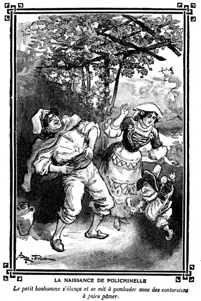 Polichinelle#39;in doğuşu. Albert Robida#39;nın (1848-1926) 1920-1930 tarihli çocuk okumaları kitabında yer alan çizim. by Albert Robida
