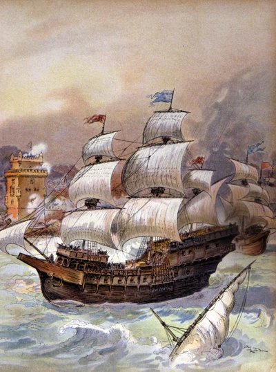 Jean Ango'nun filosu Tagus'u bloke ediyor ve Lizbon'u tehdit ediyor, c.1909 (resim) by Albert Robida