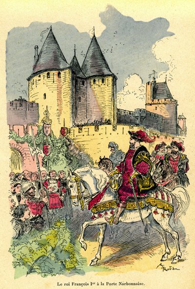 Fransa Kralı 1. François at sırtında Cite de Carcassonne, Porte Narbonnaise#39;nin önüne geliyor. Albert Robida#39;nın (1848-1926) çizimi: “Le tresor de Carcassonne” kitabının ön kısmı, ilk baskısı H. Laurens 1921. by Albert Robida