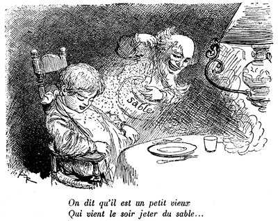 Kum tüccarı geçti! Çocuk yemek yedikten sonra uyuyor. Uyumak. “” Geceleri kum atmaya gelen küçük, yaşlı bir adam olduğunu söylüyorlar...” Albert Robida#39;nın (1848-1926) 1920-1930 tarihli bir çocuk okuma kitabında çizimi. by Albert Robida
