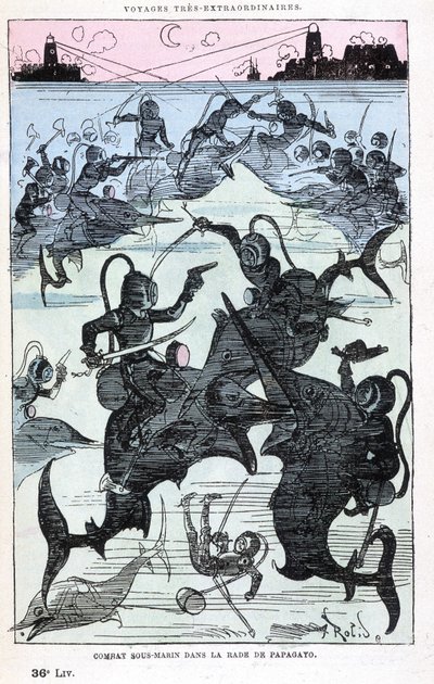 Papagayo körfezinde sualtı muharebesi (balık süren skaphandler), Jules Verne parodisi, Robida tarafından “” Saturnin Farandoul