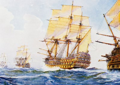 18. yüzyıl gemileri sancak tarafına yakın tek sıra halinde, Albert Sebille (1874-1953) tarafından suluboya, 20. yüzyıl by Albert Sébille