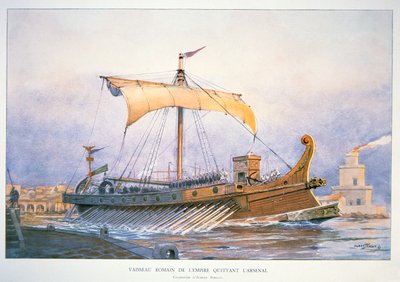 Roma İmparatorluk Gemisi Limandan Ayrılırken, c.1930 (renkli taş baskı) by Albert Sébille