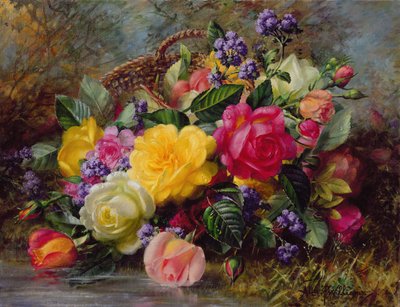 Çimenli Bir Bankada Bir Göletin Yanındaki Güller by Albert Williams