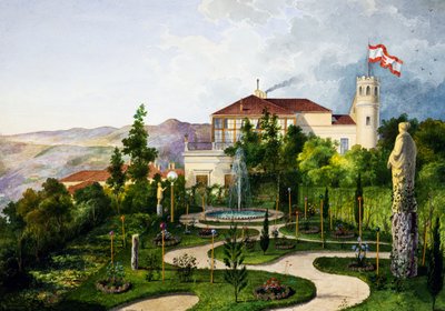 Habsburglu Maximilian'ın (1832-1867) Villa Lazzarovic Trieste konutunun güneybatısında, bahçeli dış cephe by Alberto Prosdocini or Prosdocimi