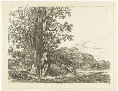Büyük kayın ağacı ve adamla sohbet eden binici ile manzara by Albertus Brondgeest