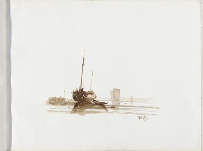 Bir kıyı açıklarında demirlemiş yelkenli gemi by Albertus van Beest