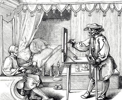 Bir portrenin orantılarını doğru bir şekilde elde etmek için bir çizim yardımı kullanan bir sanatçıyı betimleyen gravür. Alman ressam, matbaacı ve Rönesans teorisyeni Albrecht Dürer (1471-1528) tarafından yapılan gravür by Albrecht (after) Durer or Duerer