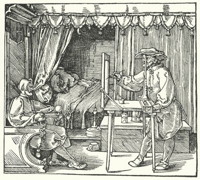 Bir cam levha üzerinde nesnenin ana hatlarını işaretleyerek ölçekli bir görüntü üretme yöntemi (gravür) by Albrecht (after) Durer or Duerer