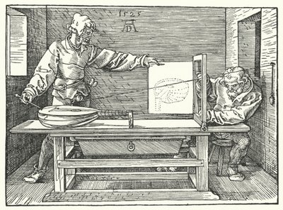 Bir udun perspektif görüntüsünü oluşturmak için dizelerin kullanılması (gravür) by Albrecht (after) Durer or Duerer