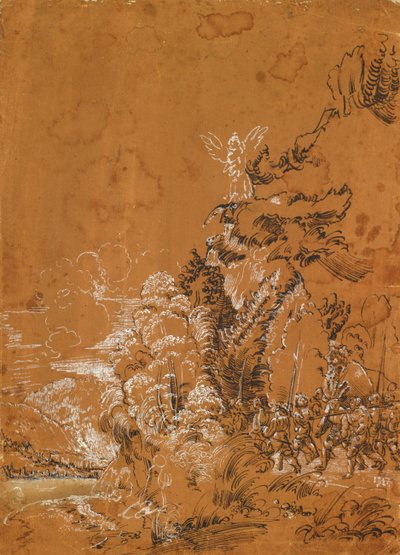 Melekler ve paralı askerlerle dolu orman manzarası by Albrecht Altdorfer