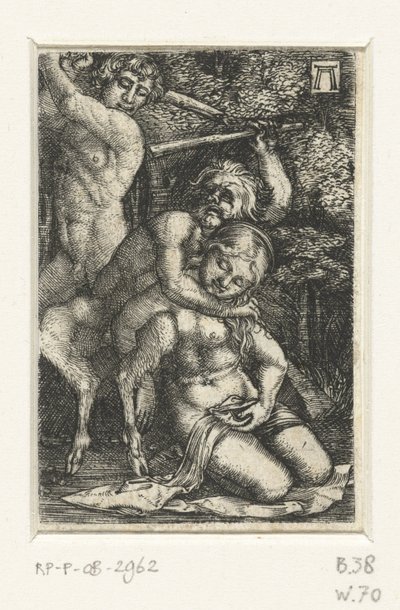 Satyr ve bir adam bir kadın için kavga ediyor by Albrecht Altdorfer