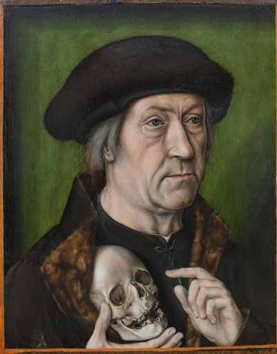 Otoportre avec un vinç - Kafatası ile Otoportre, Bouts, Aelbrecht (Albert) (1451/54-1549). Ahşap üzerine yağlı boya, c. 1520. Ebat : 42,6x33 cm. Muzeul Ulusal Brukenthal, Sibiu by Albrecht Bouts