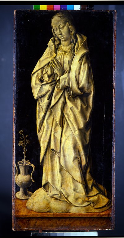 Eskiden bir üçlünün kanatları, bir çift, duyuru ile birlikte bilgeliği ve cömertliği kişileştiren kadın figürleri (panel; en grisaille verso) by Albrecht Bouts
