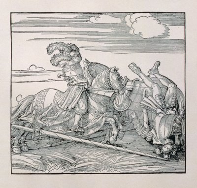 Almanya İmparatoru I. Maximilian (1459-1519), İmparatorların şövalyelik işlerini yücelten yayınlanmamış bir kitaptan bir mızrak dövüşünde rakibini tahtından indiriyor, c.1515 by Albrecht Dürer