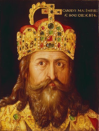 İmparatorluk tacı ile taç giyme kıyafeti içinde İmparator Charlemagne