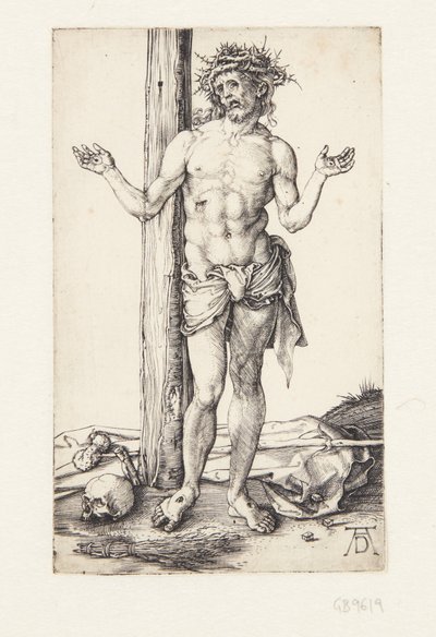 Üzüntülerin adamı ellerini kaldırmış by Albrecht Dürer