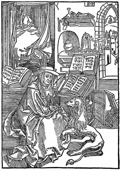 St Jerome çalışma odasında bir aslan pençesinden bir diken çekiyor, 1492, 1936 by Albrecht Dürer