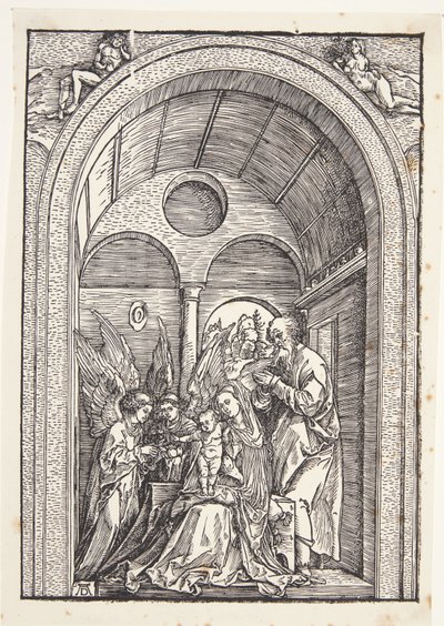 Tonozlu bir salonda iki melek ile Kutsal Aile by Albrecht Dürer