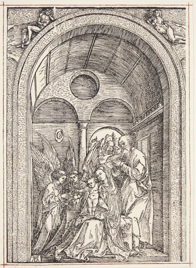 Tonozlu bir salonda iki melek ile Kutsal Aile by Albrecht Dürer