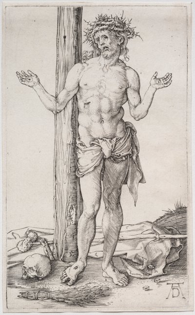 Üzüntülerin Adamı Ayakta, Ellerini Kaldırdı by Albrecht Dürer