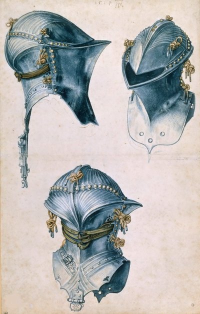 Bir Jousting Miğferinin Üç Görünümü, c. 1500. by Albrecht Dürer