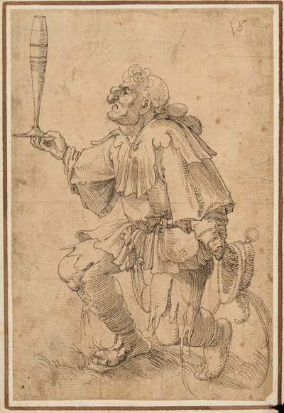 Diz çökmüş, tabanında uzun bir bira bardağı tutan grotesk bir adam by Albrecht Dürer