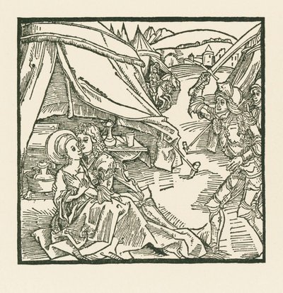 İsrail ordusundan bir şövalye, kâfir bir sevgiliyle yakaladığı başka bir şövalyeyi öldürür by Albrecht Dürer or Duerer