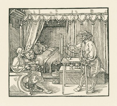 Oturan bir adamı camdan bir düzlem üzerine bir gözetleme pervanesi aracılığıyla çizen bir sanatçı by Albrecht Dürer or Duerer