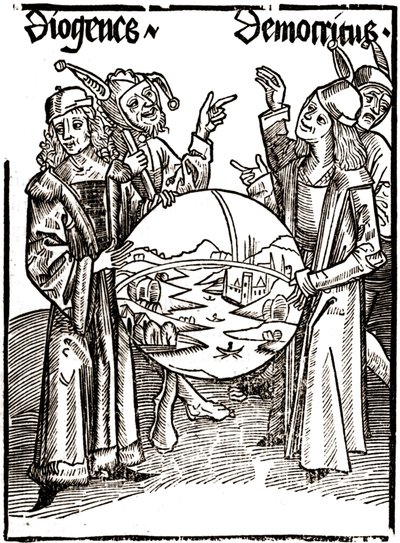 Diogenes (-413 - -327) ve Democritus (-460 - -370) - Sébastien Brandt (1458 - 1521) tarafından “” Das Narrenschif (Aptalların teknesi) ”de. Oymak. by Albrecht Dürer