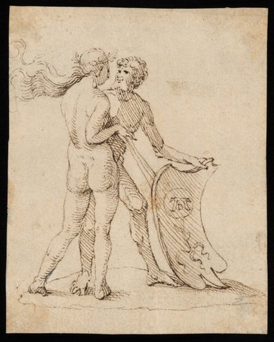 Willibald Pirckheimer'ın armasını taşıyan kalkanlı çıplak kadın ve adam by Albrecht Dürer