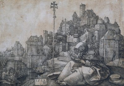 Saint Anthony bir şehrin önünde oturuyor - Albrecht Durer