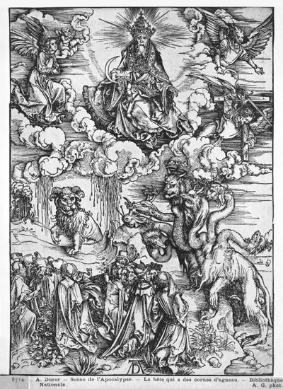 Kıyametten bir sahne, Yedi başlı ve on boynuzlu ejderha (tahta baskı) (s/b fotoğraf) by Albrecht Dürer