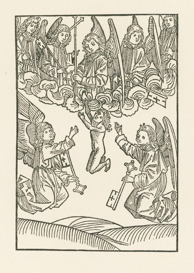 Ellerinde bir haç ve Cenneti altı Merhamet işine açtıkları altı anahtar bulunan yedi melek, bir ruhu Cennete alırlar by Albrecht Dürer or Duerer