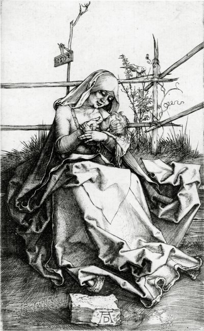 Bir çim bankta oturan Bakire ve Çocuk by Albrecht Dürer