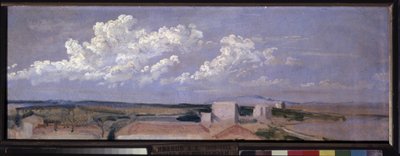Deniz Kıyısında Bulutlar. Büyük beyaz bulutlar tarafından tepesinde sahil boyunca birkaç ev ile manzara. Alexander Andreyevich Ivanov (1806-1858), kağıt üzerine yağlı boya çalışması by Aleksandr Andreevich Ivanov