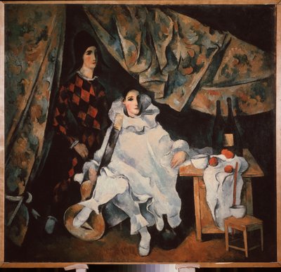 Cyrano hokkabazlık yapan kardeşler. (Pierrot ve Harlequin kostümlü). Alexander Vasilyevich Shevchenko'nun (Alexander Shevchenko) (1883-1948) tablosu, tuval üzerine yağlı boya by Aleksandr Vasilievich Shevchenko