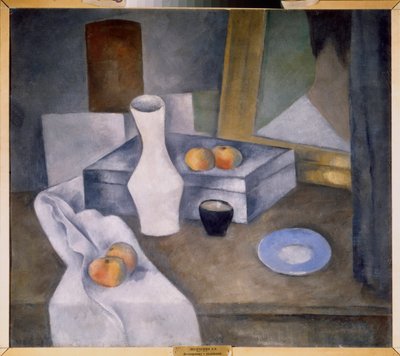 Elmalı ve mavi fincanlı natürmort (Elmalı ve mavi fincanlı natürmort) - Alexander Vasilyevich Shevchenko'nun (Alexander Chevtchenko) (1883-1948), karton üzerine yağlı boya, yaklaşık 1910 - Rus sanatı, 20. yüzyıl, avangard - Devlet Rusçası Müze, S by Aleksandr Vasilievich Shevchenko