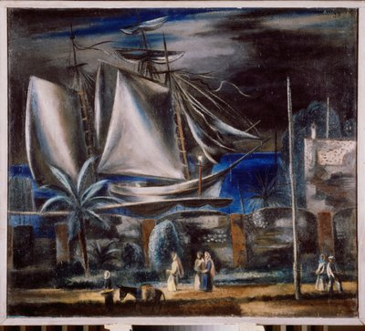 Port marin, la nuit (Karadeniz'de uzun bir gemi demirliyor) - Geceleri Liman - Alexander Vasilyevich Shevchenko (Alexander Shevchenko) (1883-1948), tuval üzerine yağlı boya by Aleksandr Vasilievich Shevchenko
