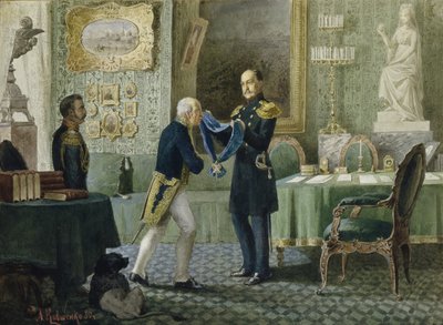 İmparator I. Nicholas, Kont Michail Speransky'ye St. Andrew Nişanı'nın mavi kurdelesini veriyor, 1880 by Aleksei Danilovich Kivshenko