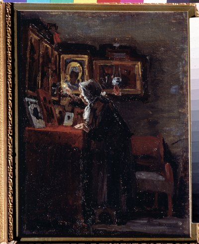 Dini bayram öncesi (Dini bayram öncesi) - Tablo Aleksei Fyodorovich Afanasyev (Alexis Afanasyev) (1850-1920) - Tuval üzerine yağlı boya, 41 x 31.5 cm by Aleksei Fyodorovich Afanasyev