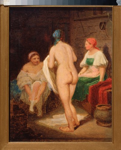 Dans le bain devapor (Buhar Banyosunda) - Alexei Gavrilovich Venetsianov (1780-1847), karton üzerine yağlı boya, 1820 sonu, 19. yüzyıl Rus sanatı, romantizm - Devlet Tretyakov Galerisi, Moskova by Aleksei Gavrilovich Venetsianov